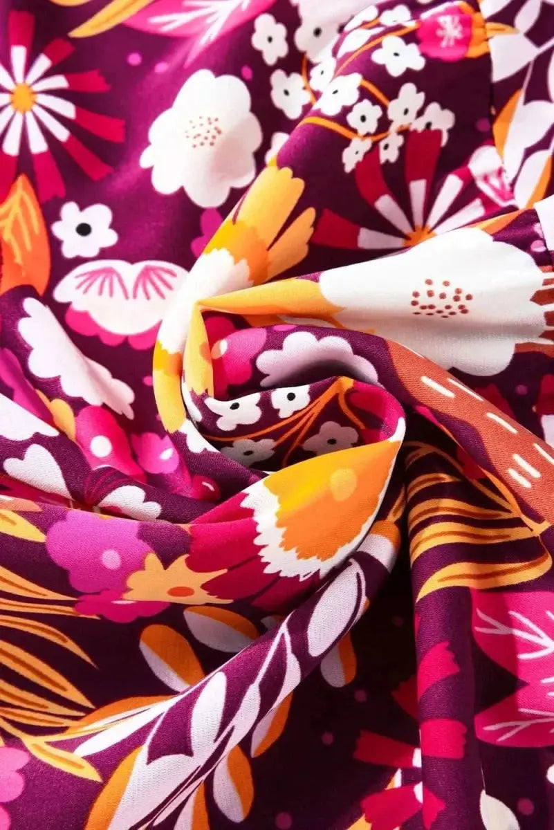 Printed Johnny Collar Long Sleeve Midi Dress - Love Salve 