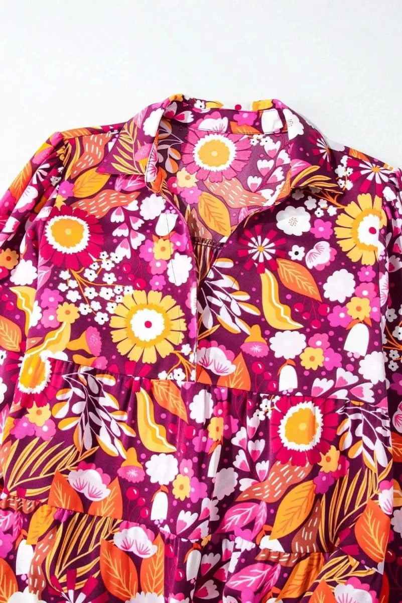 Printed Johnny Collar Long Sleeve Midi Dress - Love Salve 