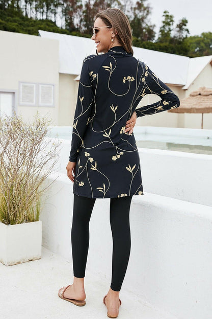 Printed Mock Neck Long Sleeve Top and Pants Swim Set - Love Salve