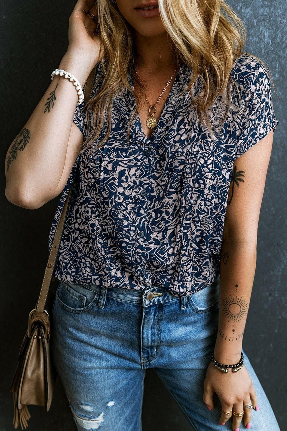 Printed Notched Short Sleeve Blouse - Love Salve