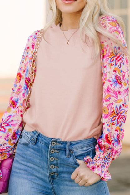 Printed Round Neck Flounce Sleeve Sweater - Love Salve 