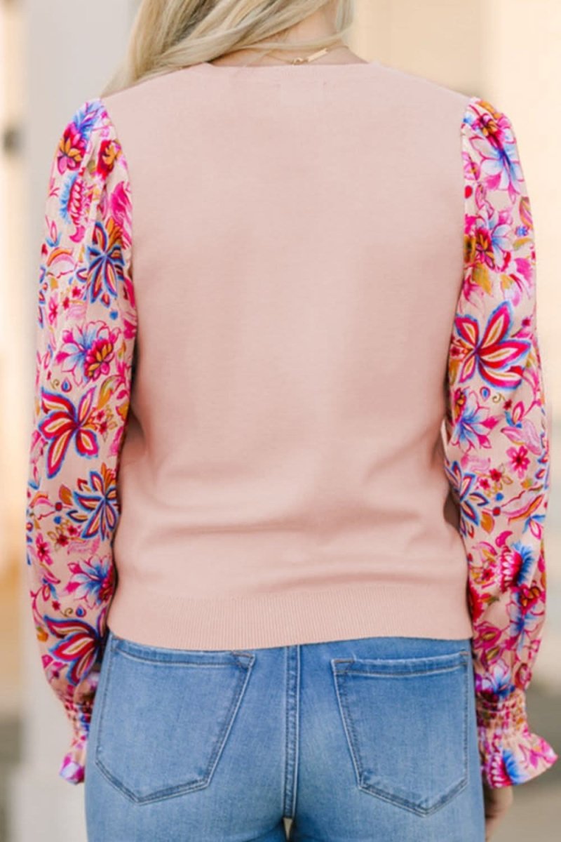 Printed Round Neck Flounce Sleeve Sweater - Love Salve 