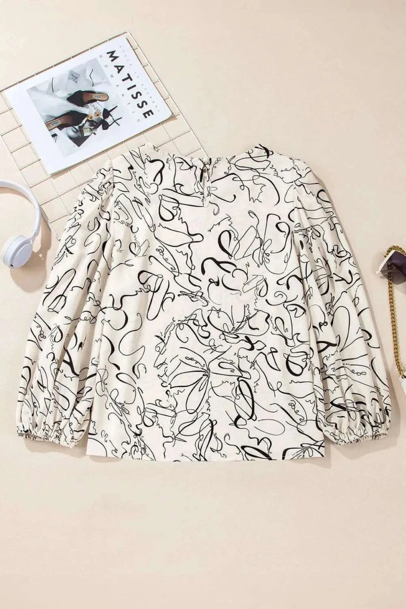 Printed Round Neck Three-Quarter Sleeve Blouse - Love Salve 