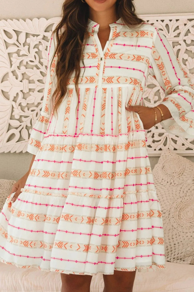 Printed Ruffled Notched Loose Dress for Effortless Style - Love Salve 