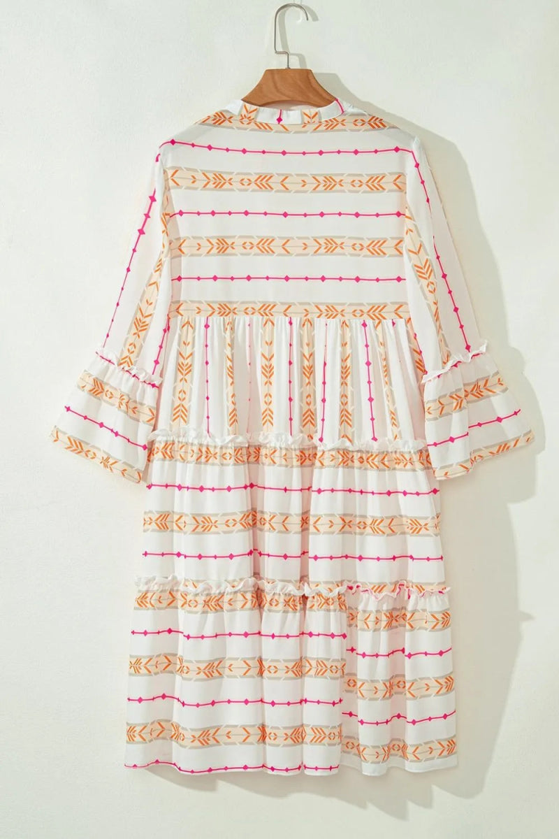 Printed Ruffled Notched Loose Dress for Effortless Style - Love Salve 