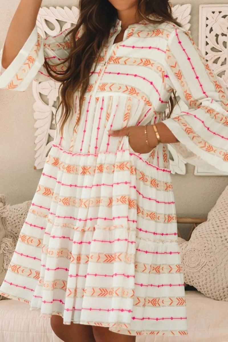 Printed Ruffled Notched Loose Dress for Effortless Style - Love Salve 