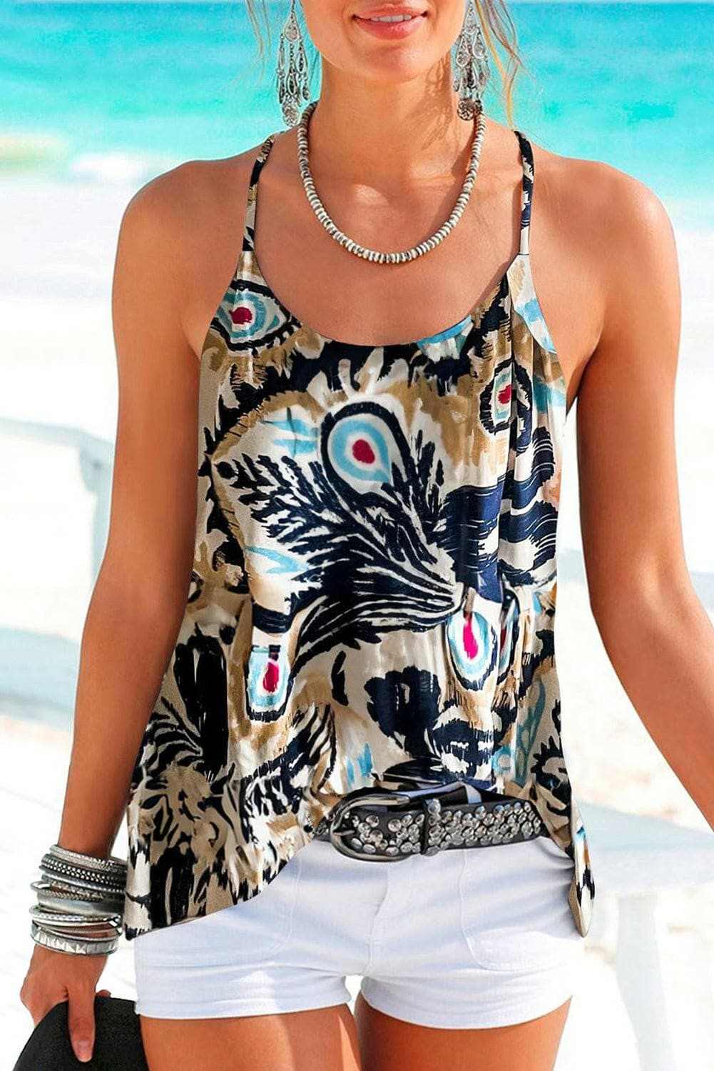 Chic printed scoop neck cami with stylish pattern, perfect for warm weather.