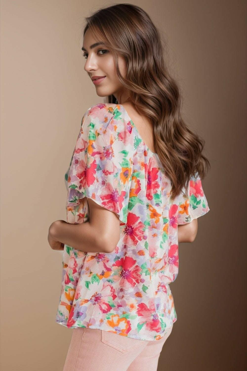 Printed Scoop Neck Flutter Sleeve Blouse - Love Salve