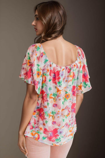 Printed Scoop Neck Flutter Sleeve Blouse - Love Salve