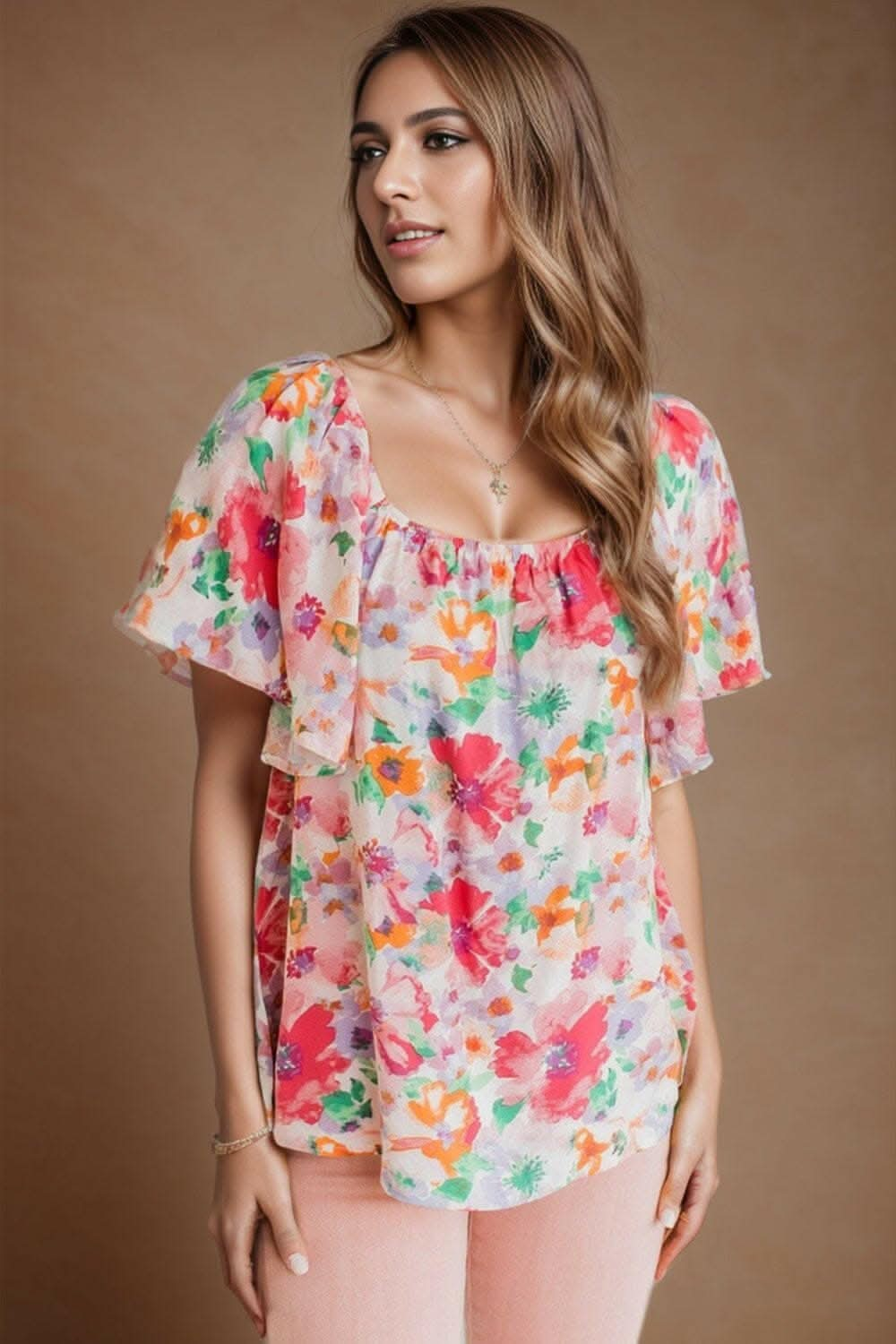 Floral Print Flutter Sleeve Blouse on a Model