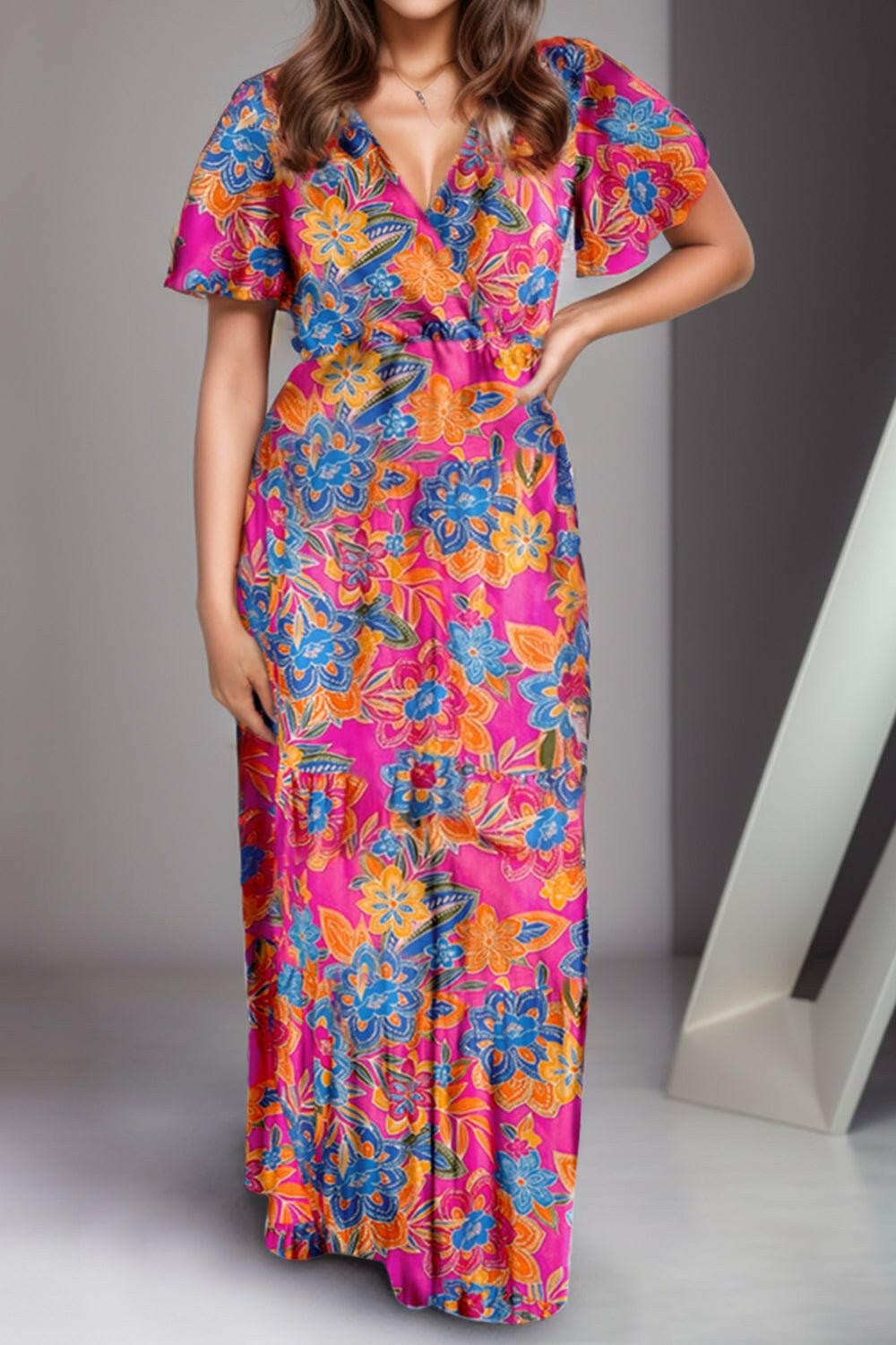 Printed Surplice Short Sleeve Maxi Dress - Love Salve