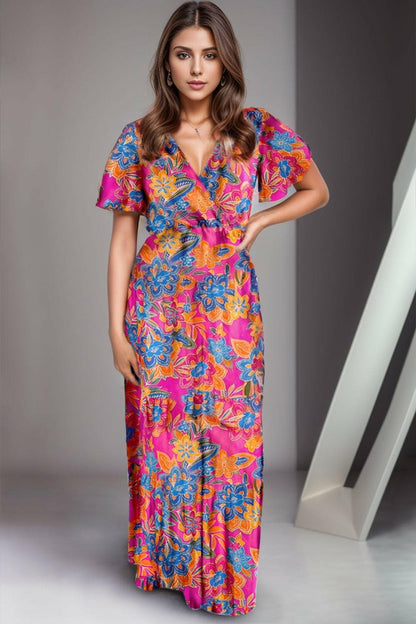 Printed Surplice Short Sleeve Maxi Dress - Love Salve