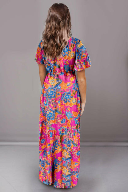 Printed Surplice Short Sleeve Maxi Dress - Love Salve