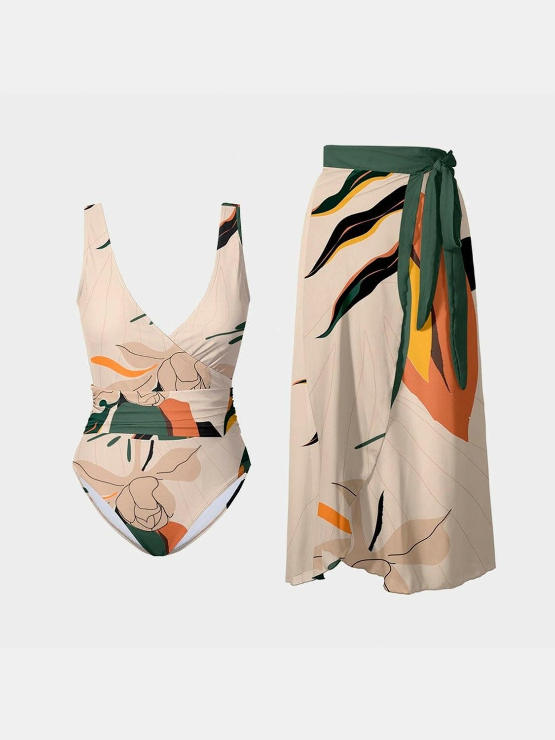 Printed Surplice Wide Strap Swimwear and Skirt Swim Set - Love Salve