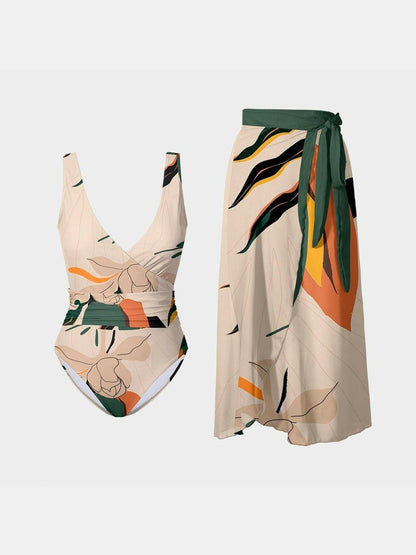 Printed Surplice Wide Strap Swimwear and Skirt Swim Set - Love Salve