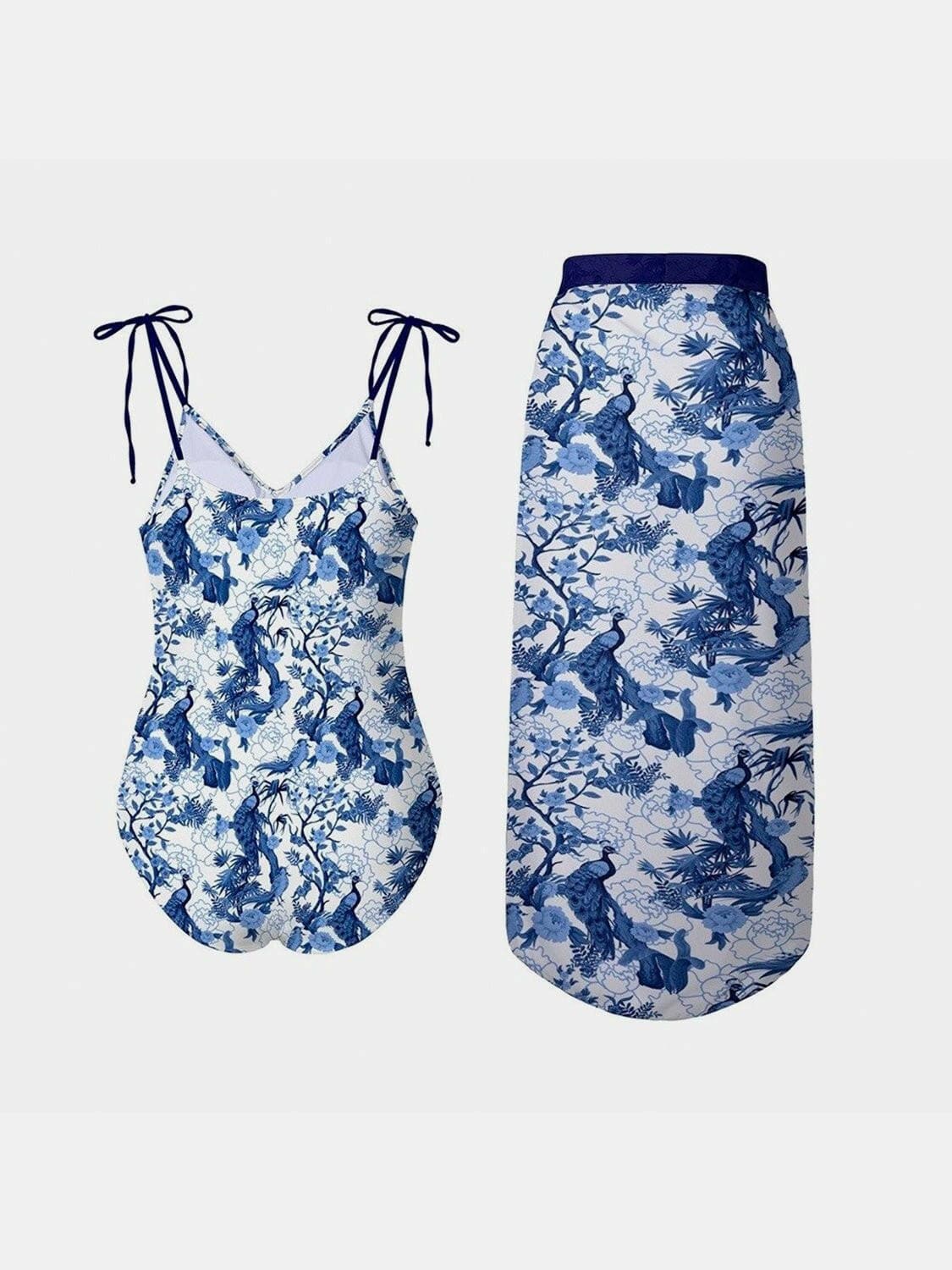 Printed Tie Shoulder Swimwear and Skirt Swim Set - Love Salve