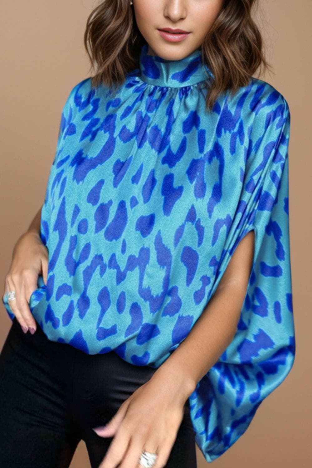 Printed Turtleneck Half Sleeve Blouse - Love Salve