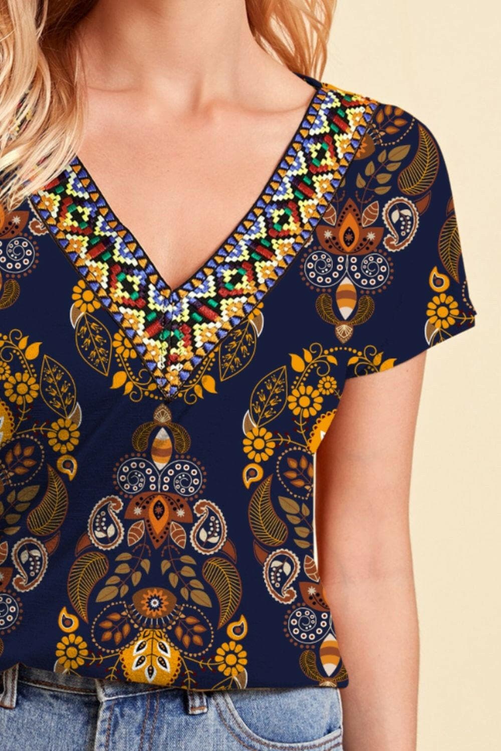 Printed V-Neck Short Sleeve T-Shirt - Love Salve