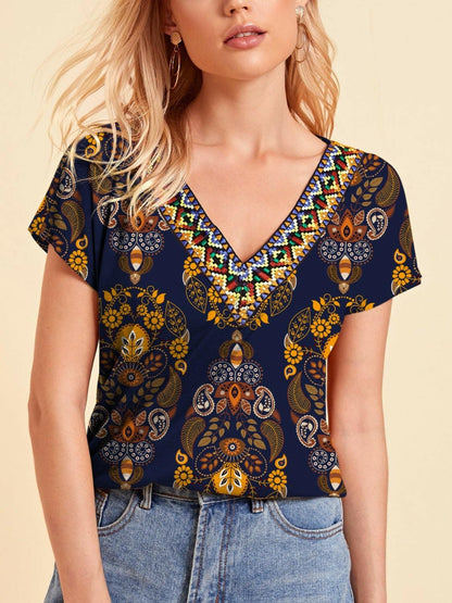 Printed V-Neck Short Sleeve T-Shirt - Love Salve