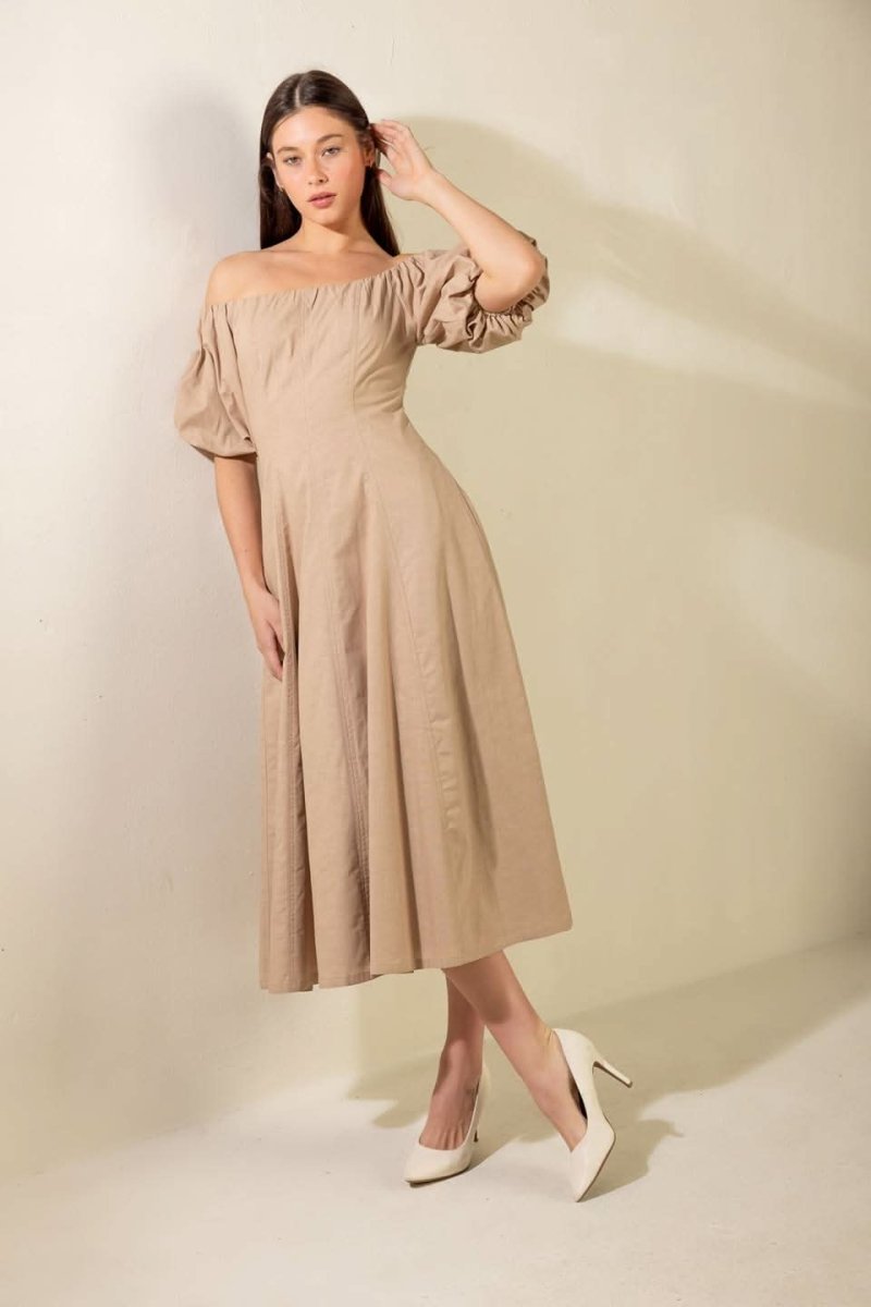 PROTECTING MY PEACE TAUPE WOVEN MIDI DRESS - Love Salve