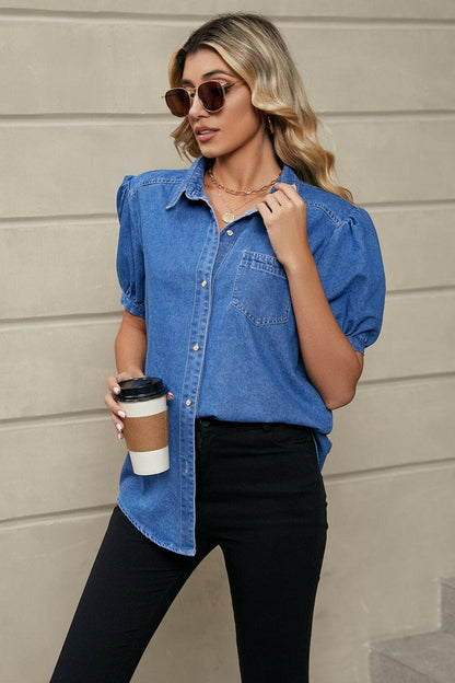 Puff Sleeve Collared Denim Top - Love Salve