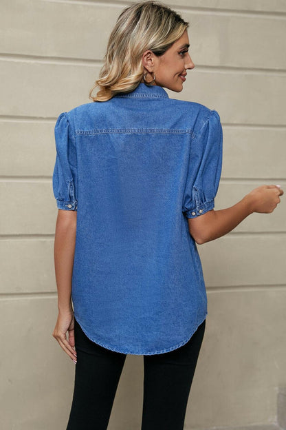 Puff Sleeve Collared Denim Top - Love Salve