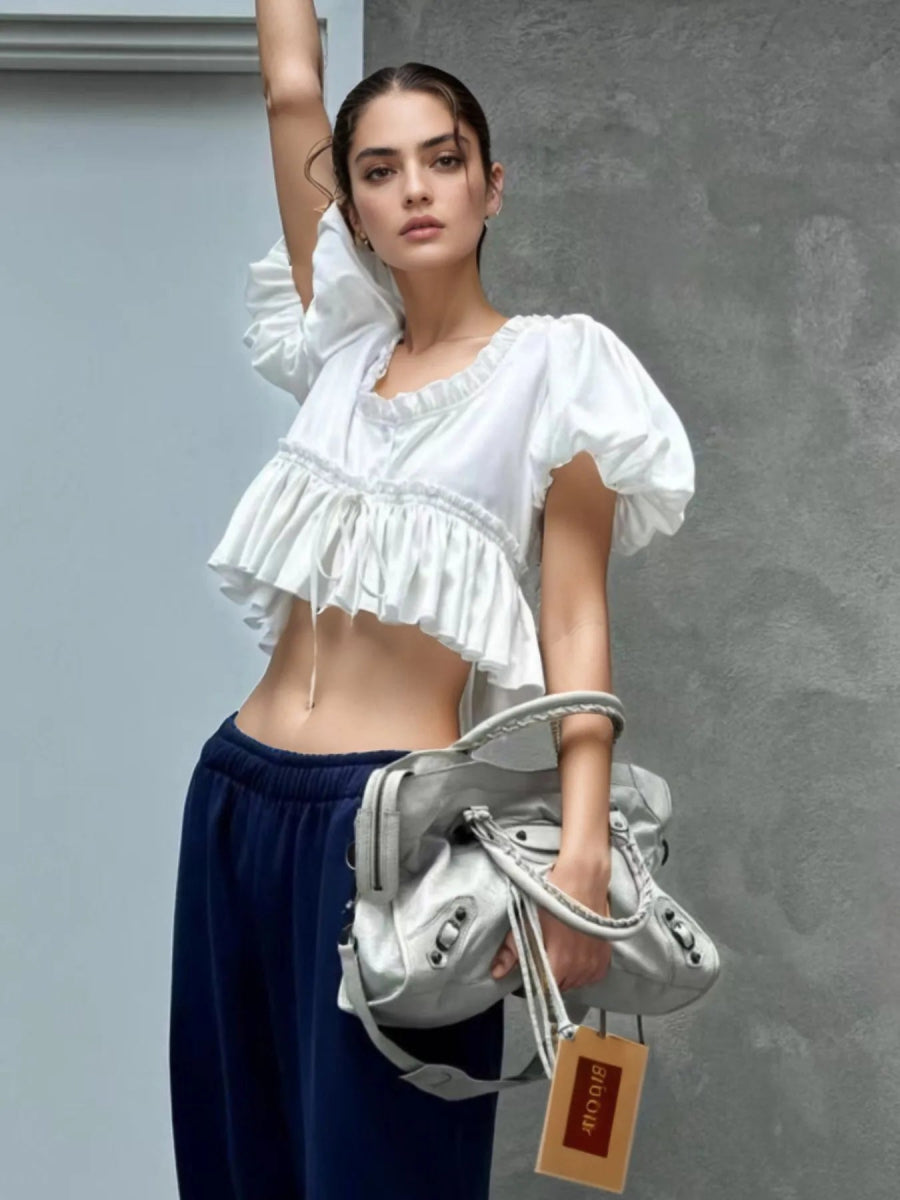 Puff Sleeve Ruffle Crop Blouse - Love Salve