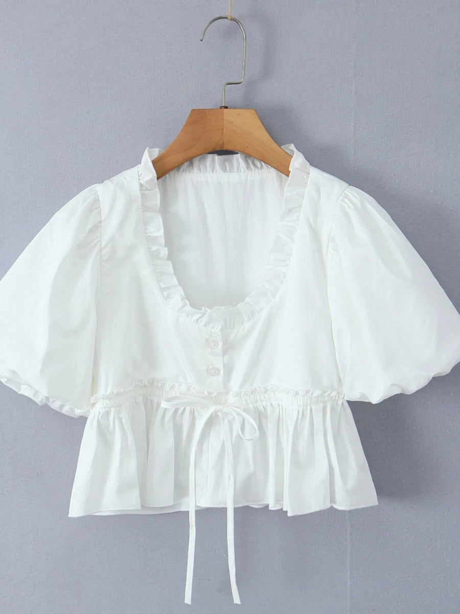 Puff Sleeve Ruffle Crop Blouse - Love Salve