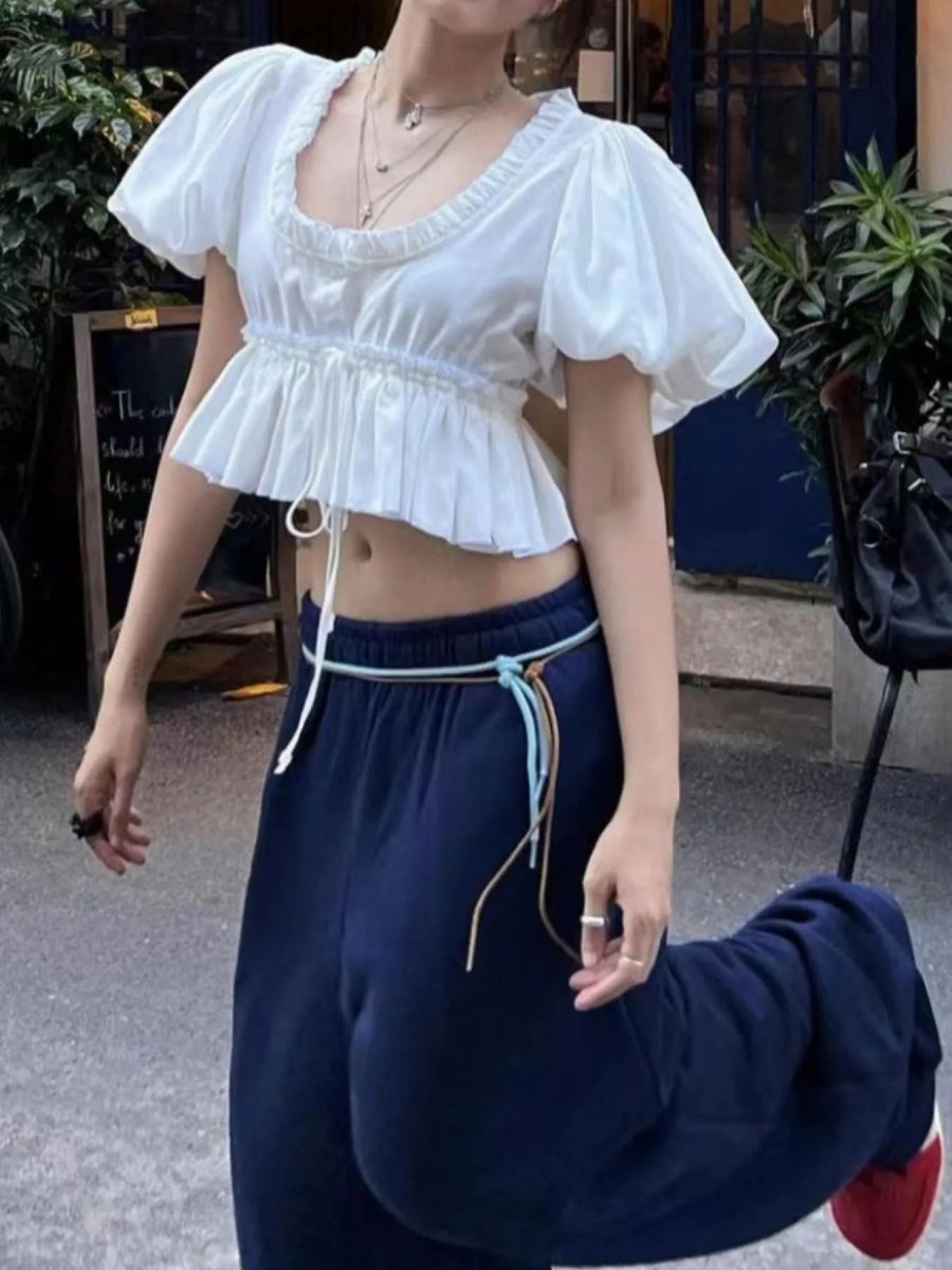 Puff Sleeve Ruffle Crop Blouse - Love Salve