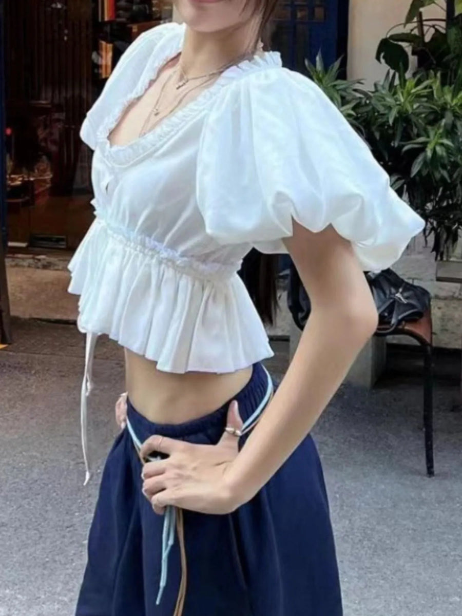 Puff Sleeve Ruffle Crop Blouse - Love Salve