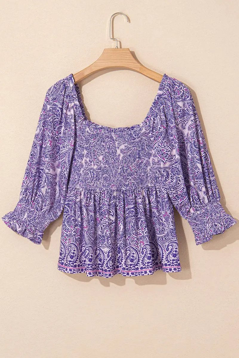 Purple Boho Paisley Print Half Sleeve Peplum Blouse - Love Salve 