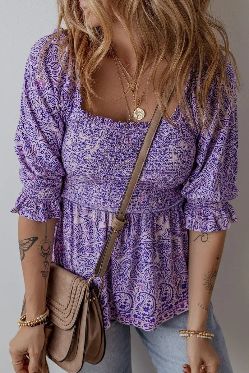 Purple Boho Paisley Print Half Sleeve Peplum Blouse - Love Salve 