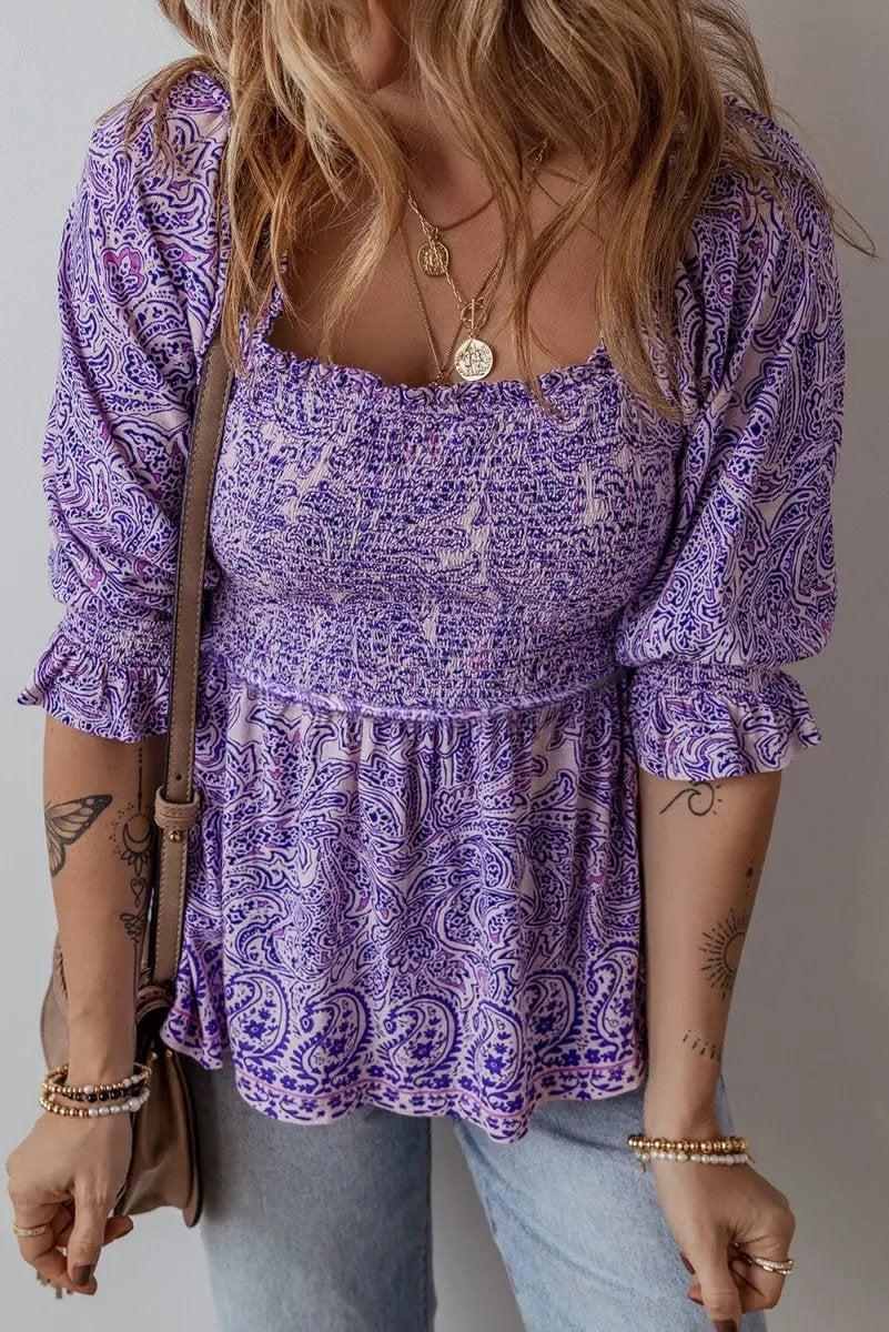 Purple Boho Paisley Print Half Sleeve Peplum Blouse - Love Salve 