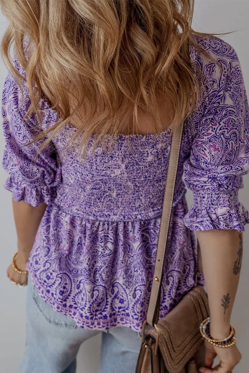 Purple Boho Paisley Print Half Sleeve Peplum Blouse - Love Salve 