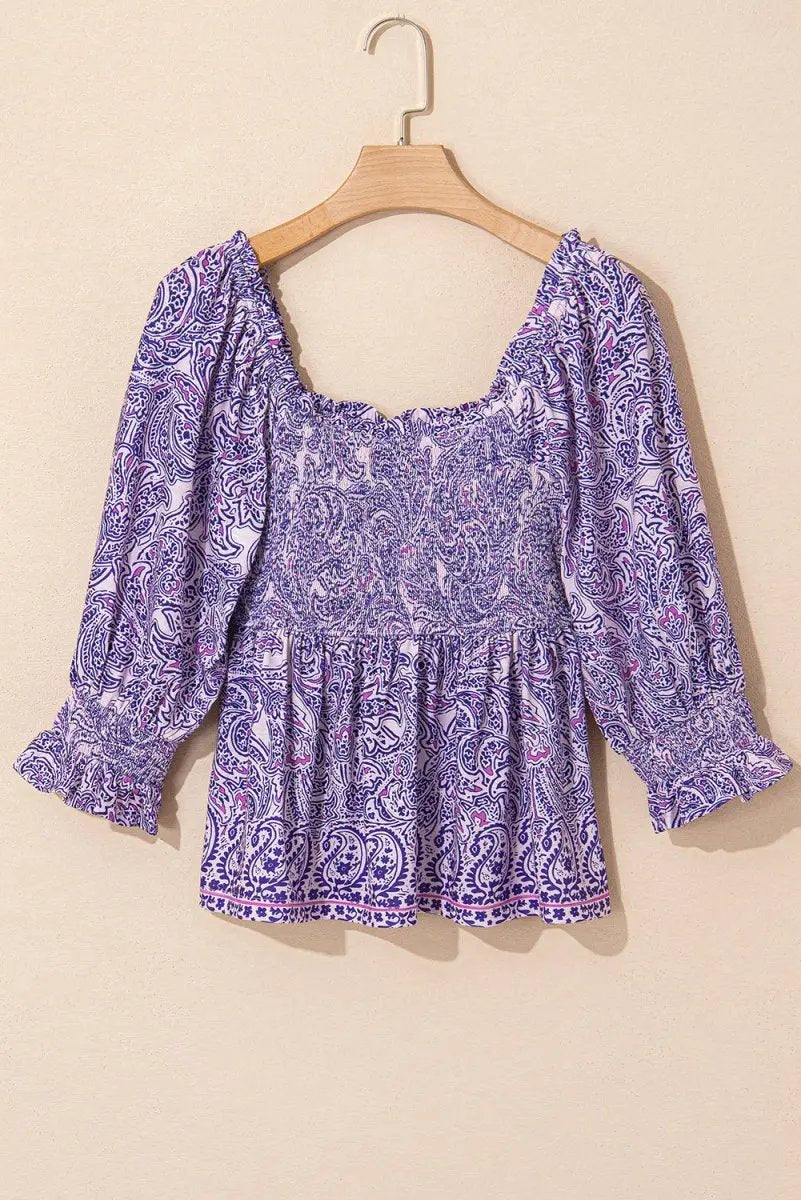 Purple Boho Paisley Print Half Sleeve Peplum Blouse - Love Salve 