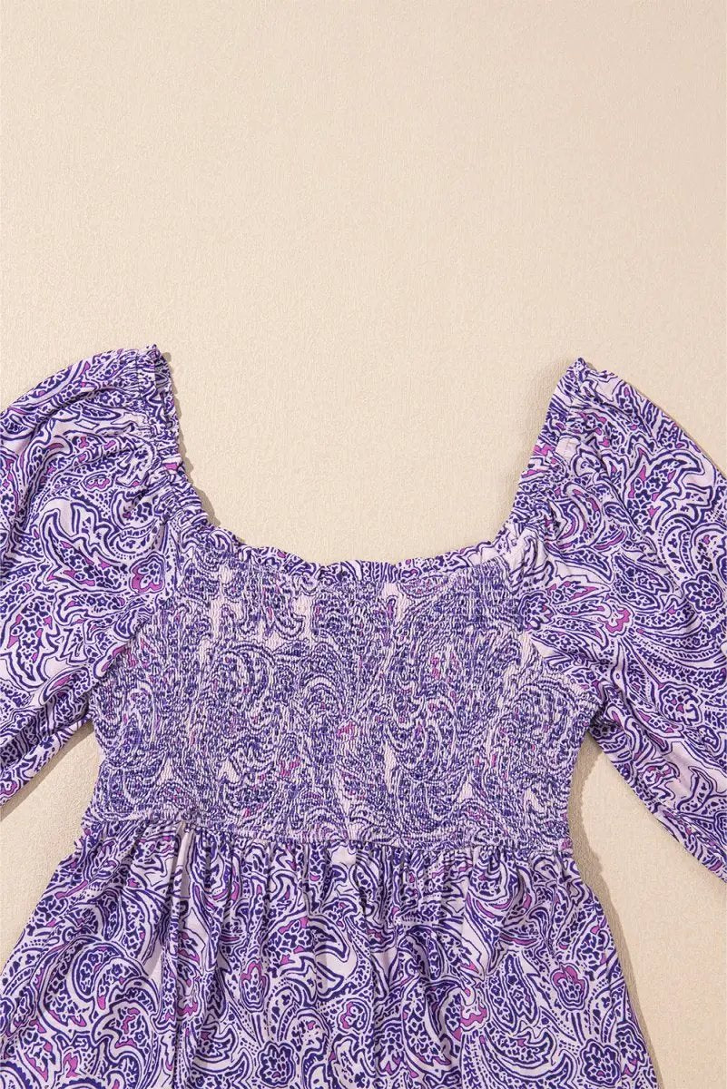 Purple Boho Paisley Print Half Sleeve Peplum Blouse - Love Salve 