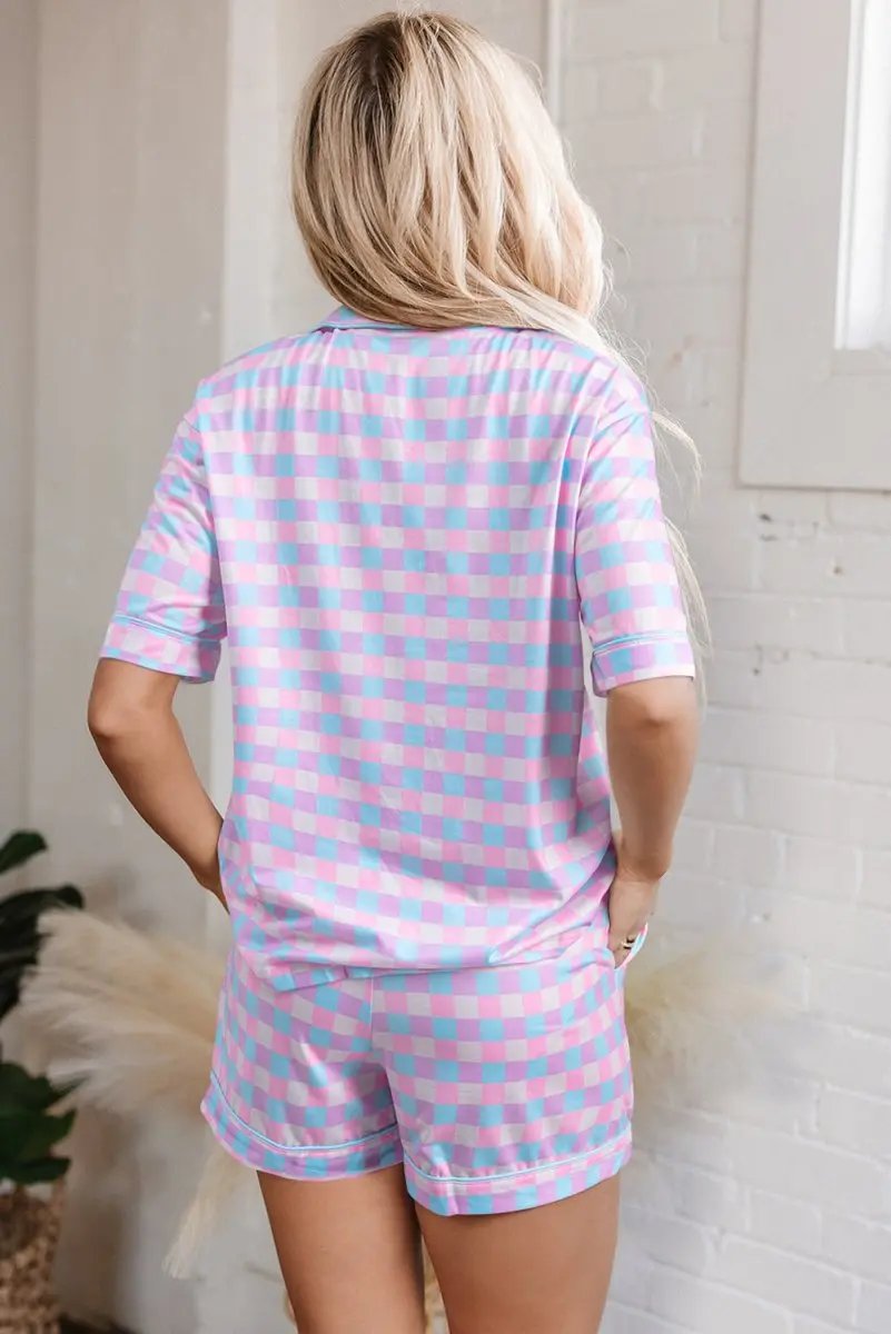 Purple Checkered Pattern Short Sleeve Pajamas Set - Love Salve 