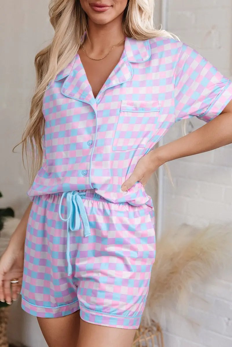 Purple Checkered Pattern Short Sleeve Pajamas Set - Love Salve 