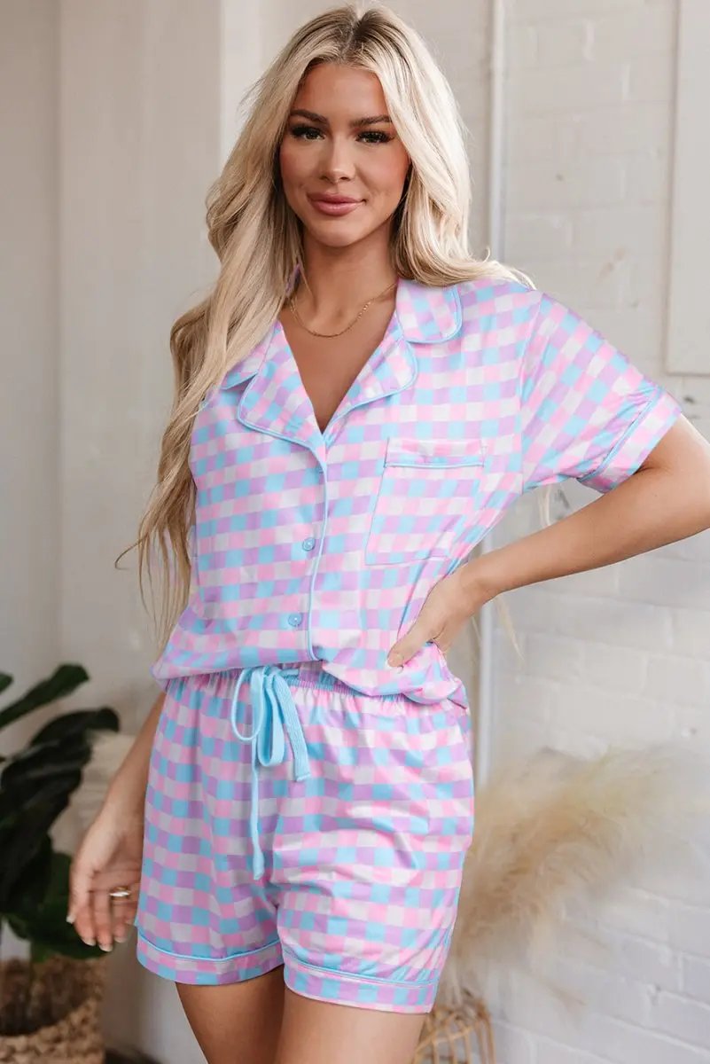 Purple Checkered Pattern Short Sleeve Pajamas Set - Love Salve 