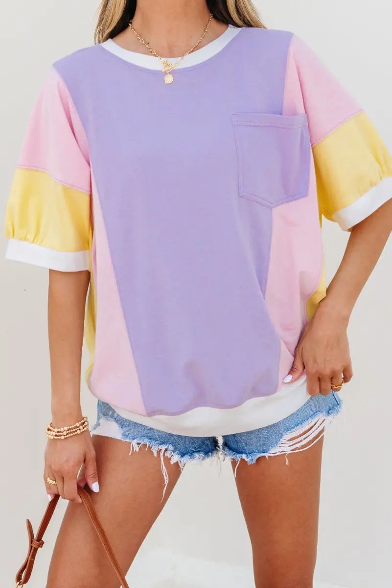 Purple Color Block Patchwork Half Sleeve Oversized T Shirt - Love Salve 