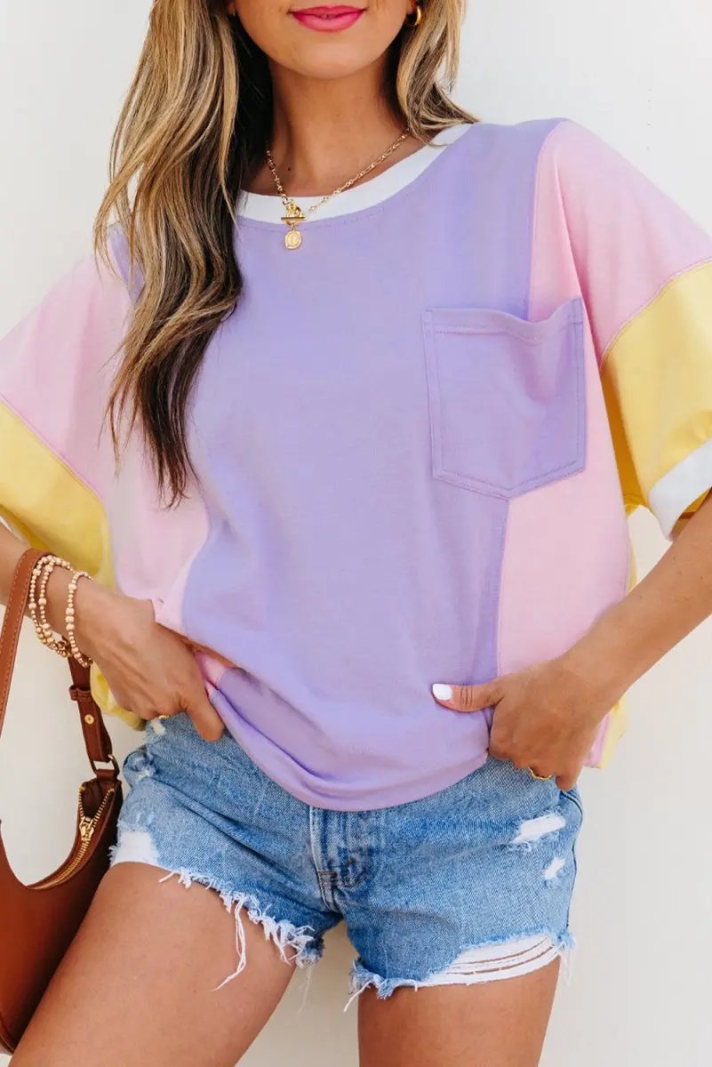 Purple Color Block Patchwork Half Sleeve Oversized T Shirt - Love Salve 
