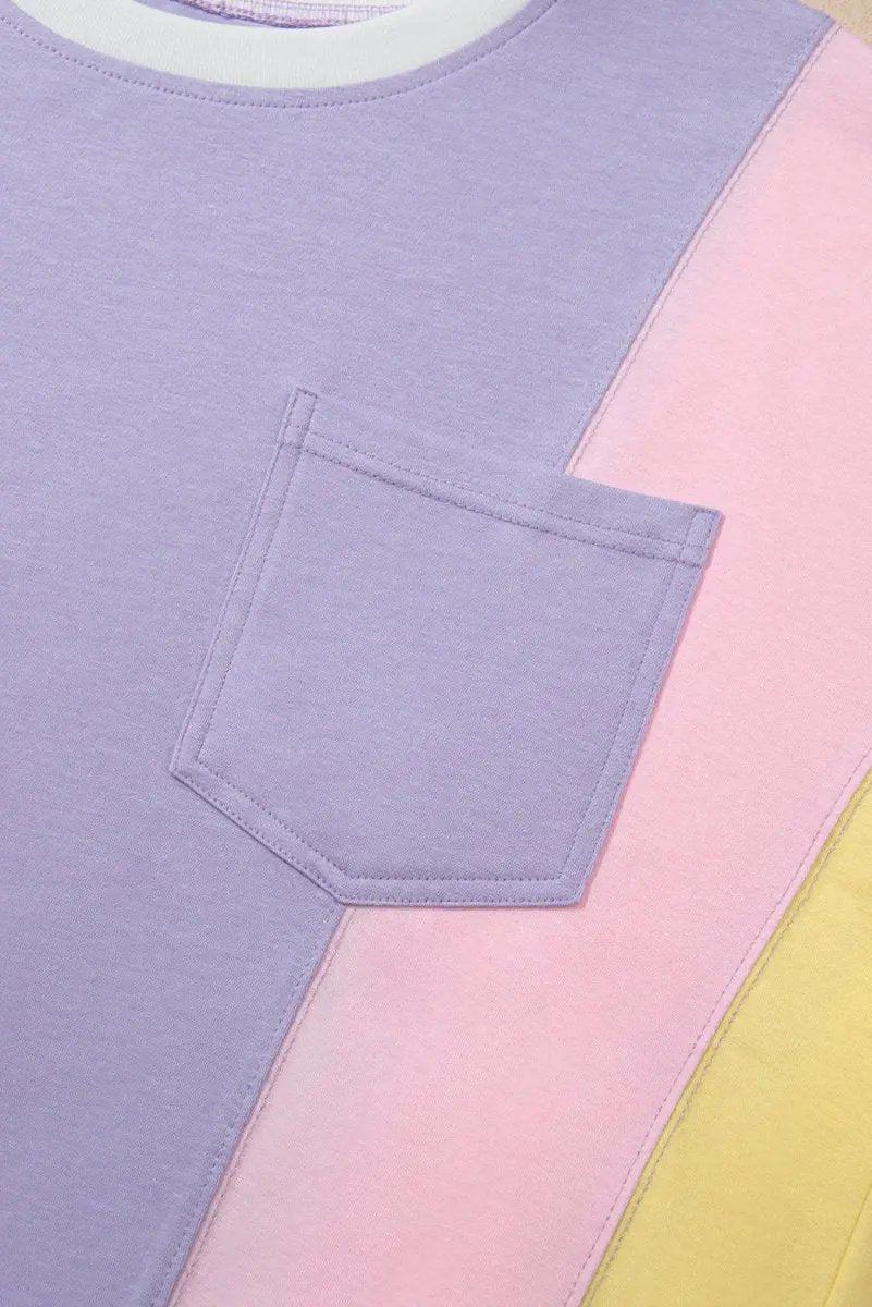 Purple Color Block Patchwork Half Sleeve Oversized T Shirt - Love Salve 