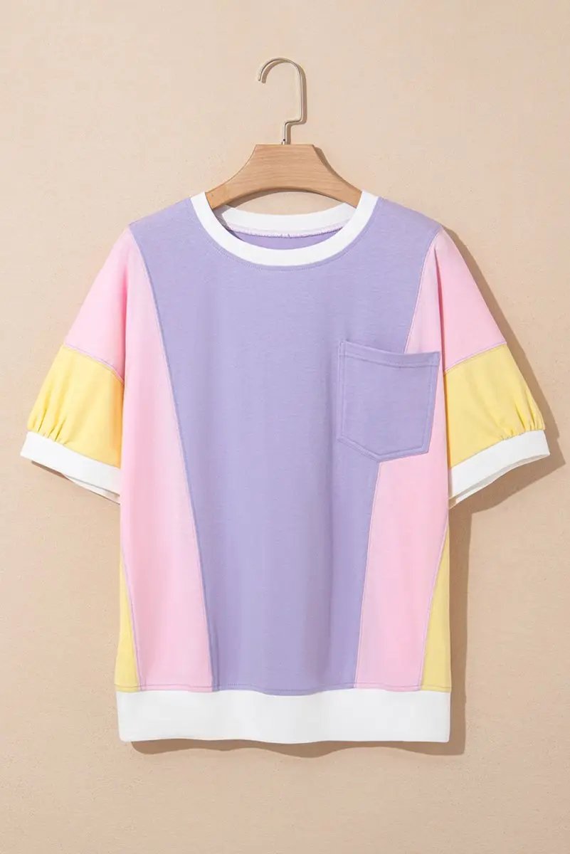 Purple Color Block Patchwork Half Sleeve Oversized T Shirt - Love Salve 
