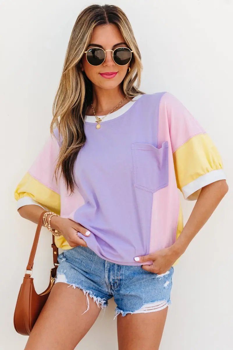 Purple Color Block Patchwork Half Sleeve Oversized T Shirt - Love Salve 