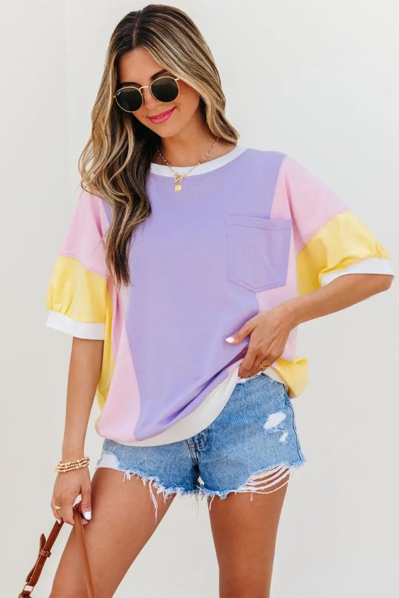 Purple Color Block Patchwork Half Sleeve Oversized T Shirt - Love Salve 