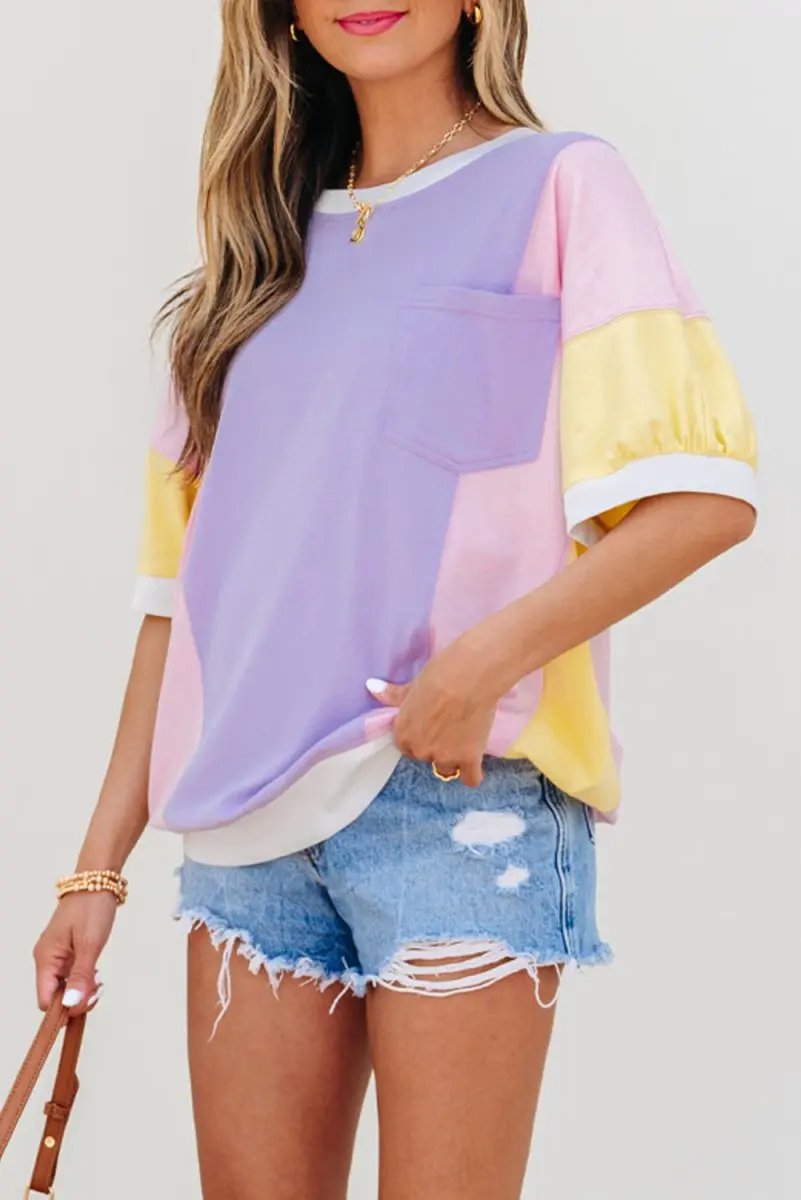 Purple Color Block Patchwork Half Sleeve Oversized T Shirt - Love Salve 