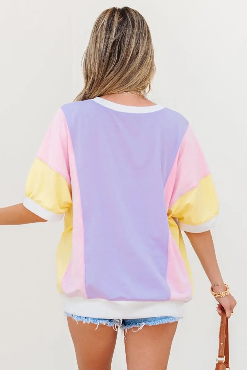 Purple Color Block Patchwork Half Sleeve Oversized T Shirt - Love Salve 