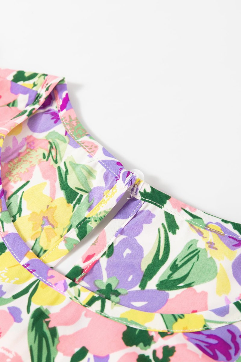 Purple Floral Print Puff Short Sleeve Crew Neck Blouse - Love Salve 
