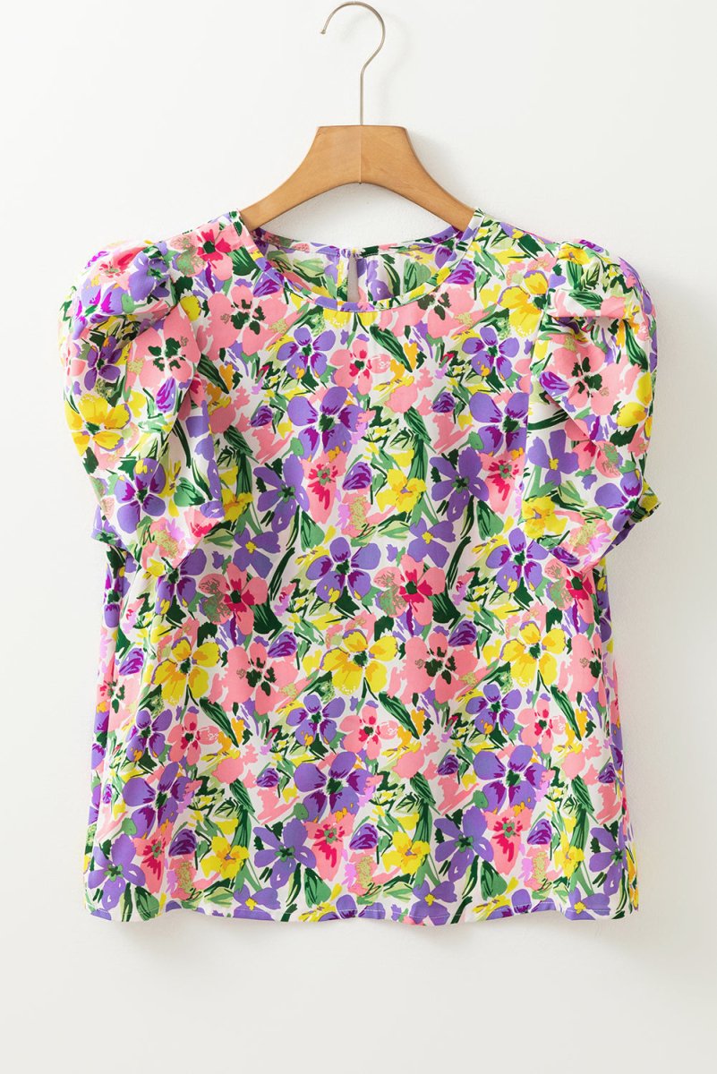 Purple Floral Print Puff Short Sleeve Crew Neck Blouse - Love Salve 