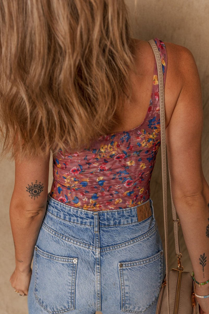 Purple Floral Printed Mesh U Neck Sleeveless Bodysuit Fashion - Love Salve 